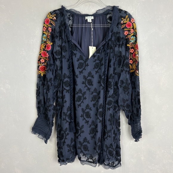 Sundance size XXL Gemma Elegance top long sleeve embroidered navy boho NEW - Picture 11 of 16
